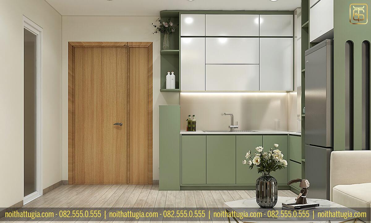 Lựa chọn gam màu tươi mát cho tủ bếp giúp không bếp trở nên tươi sáng và thoải mái hơn