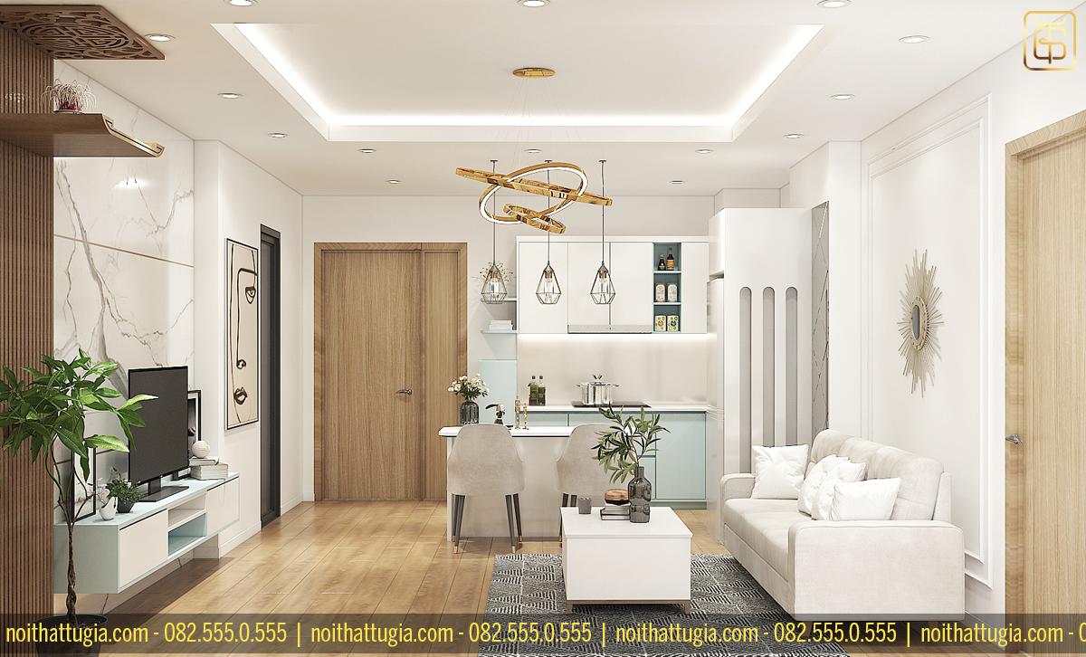 Thiết kế phòng khách chung cư 70m2 thanh lịch, hiện đại phù hợp cho cặp vợ chồng trẻ
