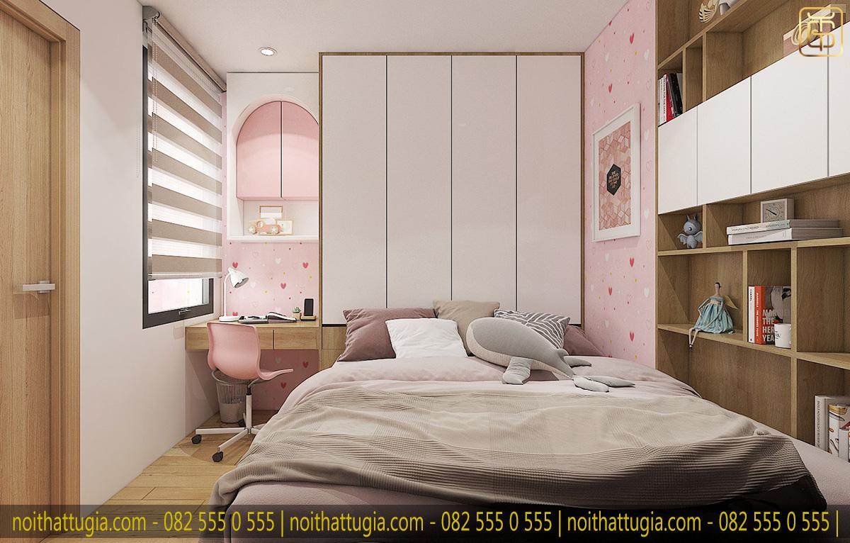 Bố trí nội thất âm tường với đầy đủ công năng cho phòng ngủ con gái giúp bén có thêm nhiều không gian lưu trữ