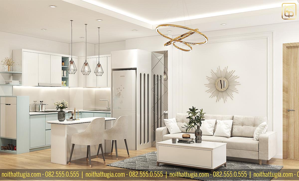 Không sử dụng vách ngăn giữ phòng khách và phòng bếp sẽ giúp không gian trở nên rộng rãi và thoải mái hơn