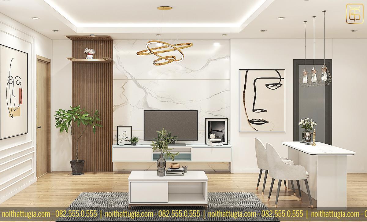 Trang trí thêm cây xanh trong không gian phòng khách vừa giúp tạo điểm nhấm vừa giúp không khí trọng lành hơn