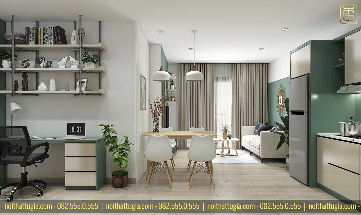 Việc không sử dụng vách ngăn phòng khách và bếp sẽ giúp không gian trông rộng rãi và thoải mái hơn