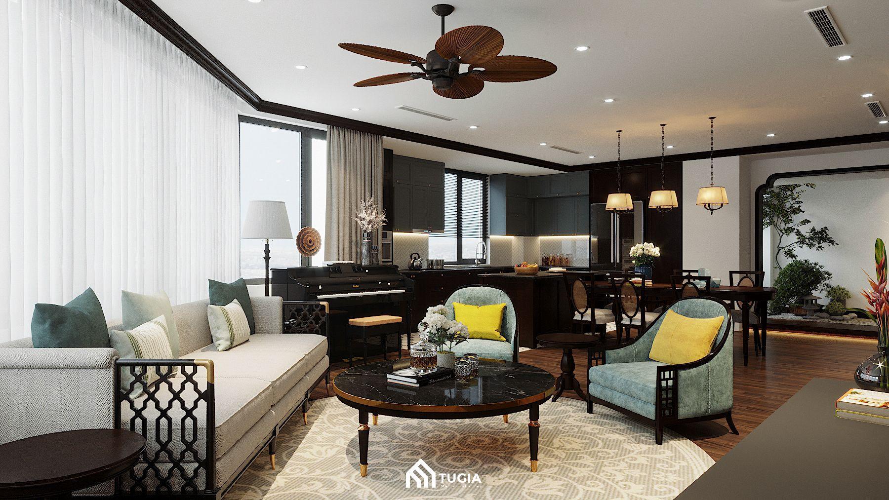 Mẫu thiết kế nội thất chung cư 70m2 đẹp phong cách Indochine vừa truyền thống vừa hiện đại