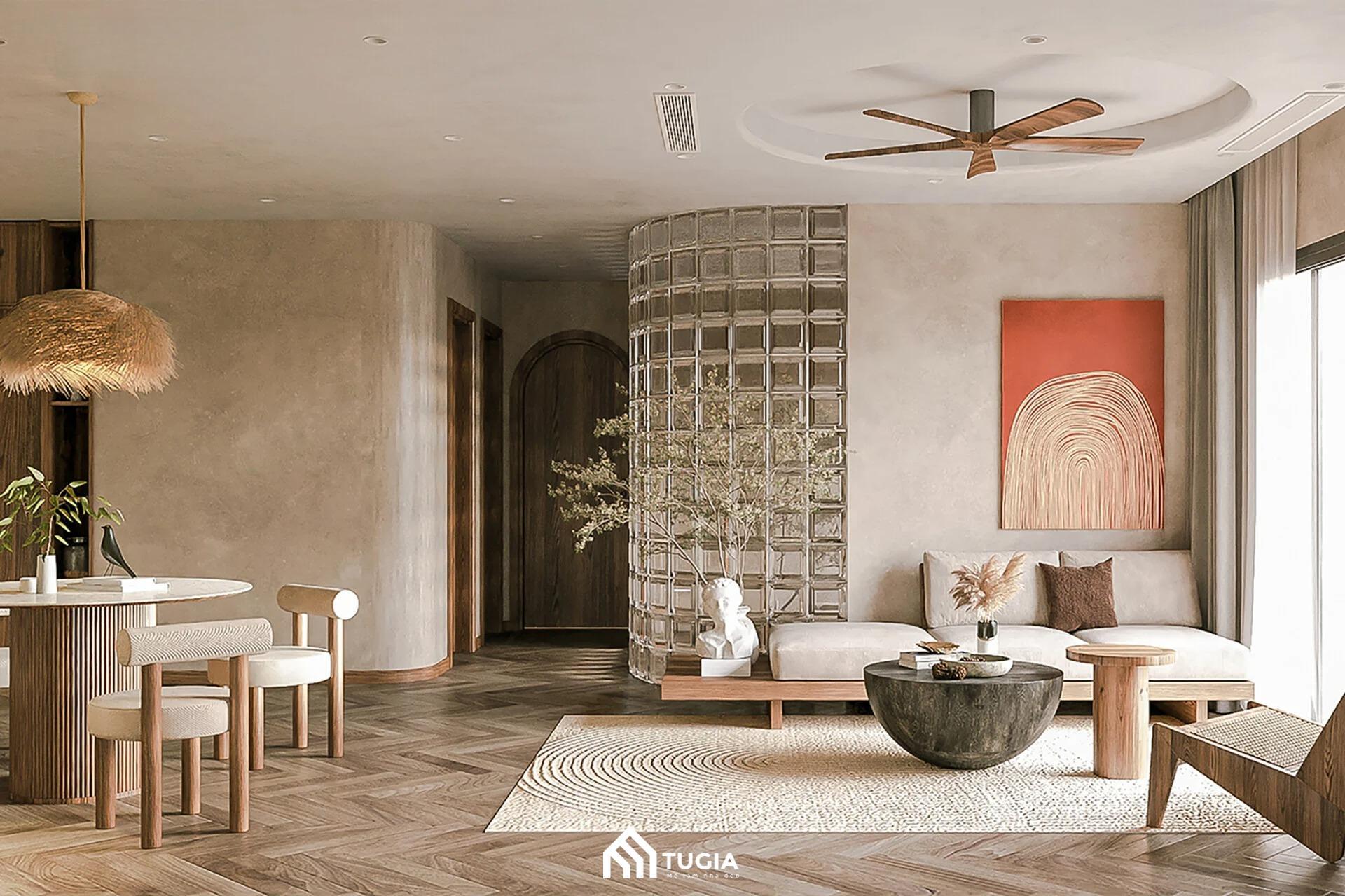 Mẫu thiết kế căn hộ 70m2 3 phòng ngủ phong cách Wabi Sabi thô mộc, gần gũi