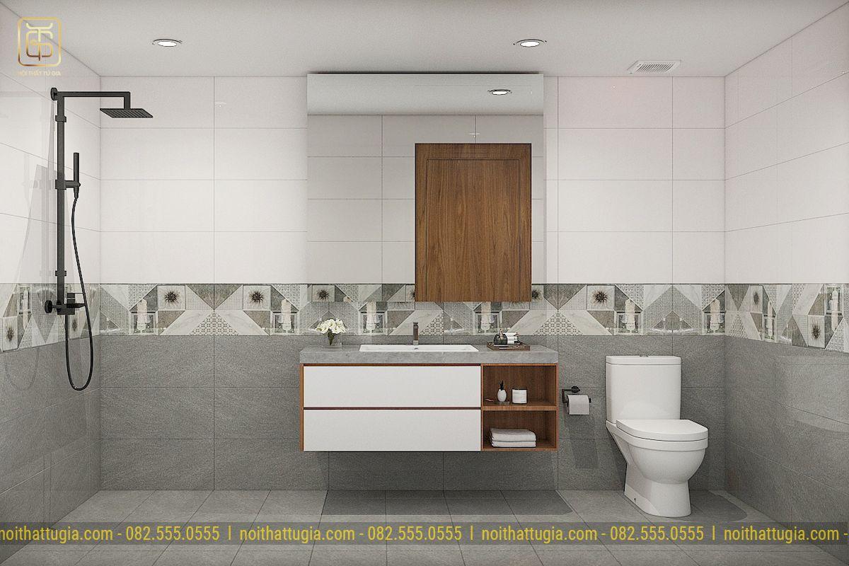 Nhà tắm thiết kế đơn giản, mát mẻ với gam màu xám lạnh và vô cùng tiện nghi