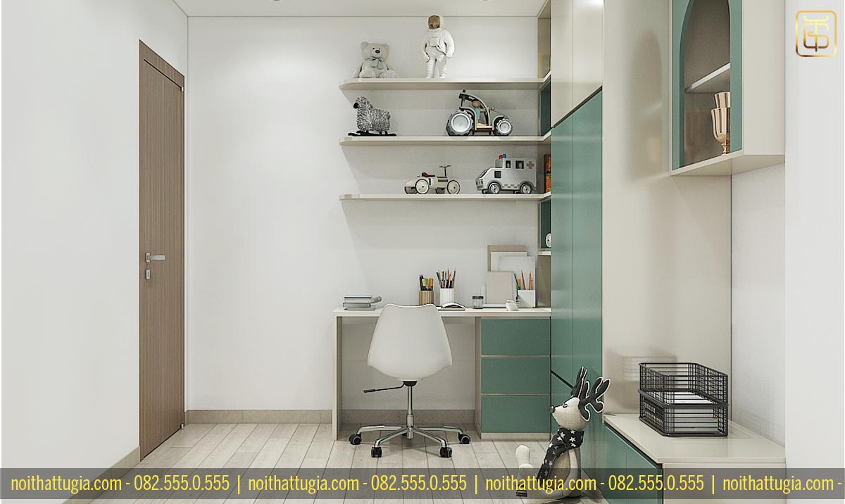 Phòng ngủ cho bé được bày trí với đồ nội thất đơn giản với bàn học đặt cạnh tủ quần áo