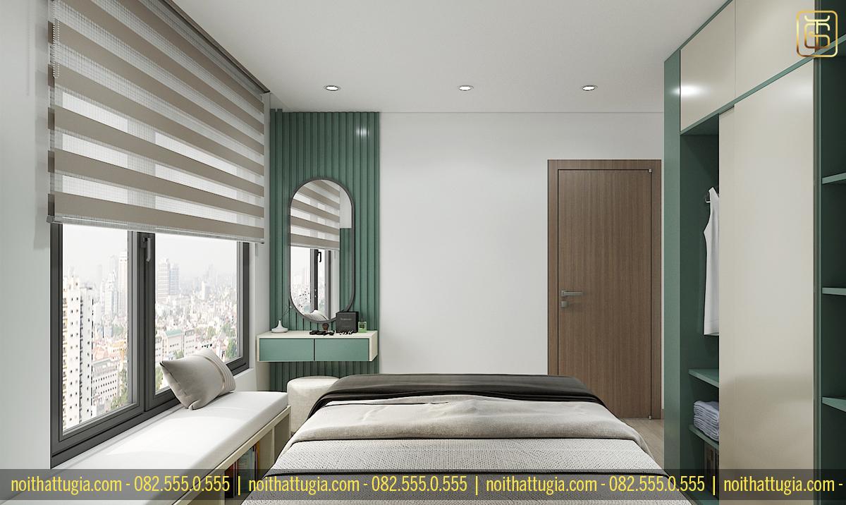 Phòng ngủ cho bố mẹ được thiết kế với bàn trang điểm và tủ quần áo bằng gỗ công nghiệp MDF chống ẩm