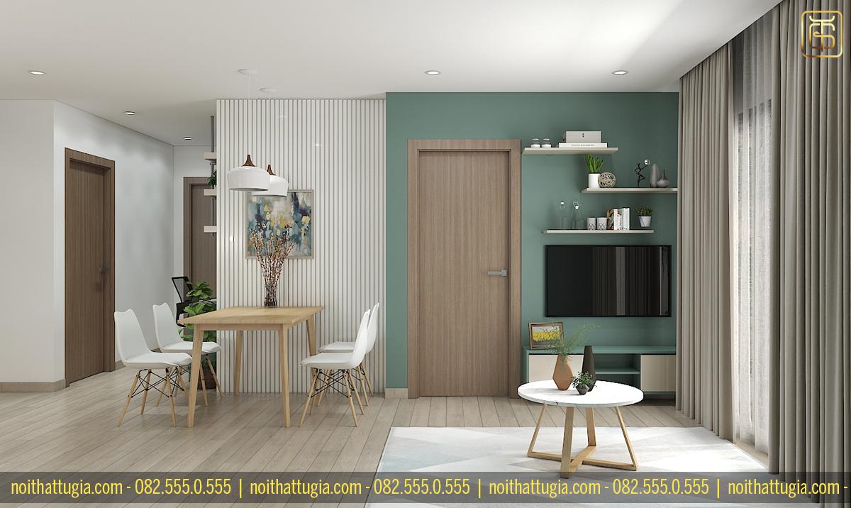 Phòng khách được bố trí khá đơn giản với kệ tivi và bàn trà là đặc trưng thường thấy trong phong cách tối giản