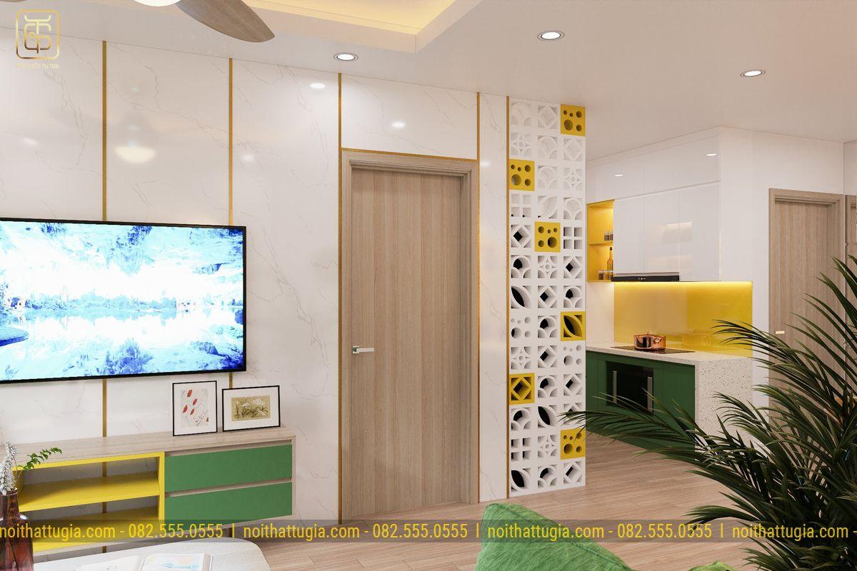 Với thiết kế căn hộ 70m2 2 phòng ngủ sử dụng màu sắc tươi mới, độc đáo sẽ mang lại luồng sinh khí tích cực cho tổng thể không gian