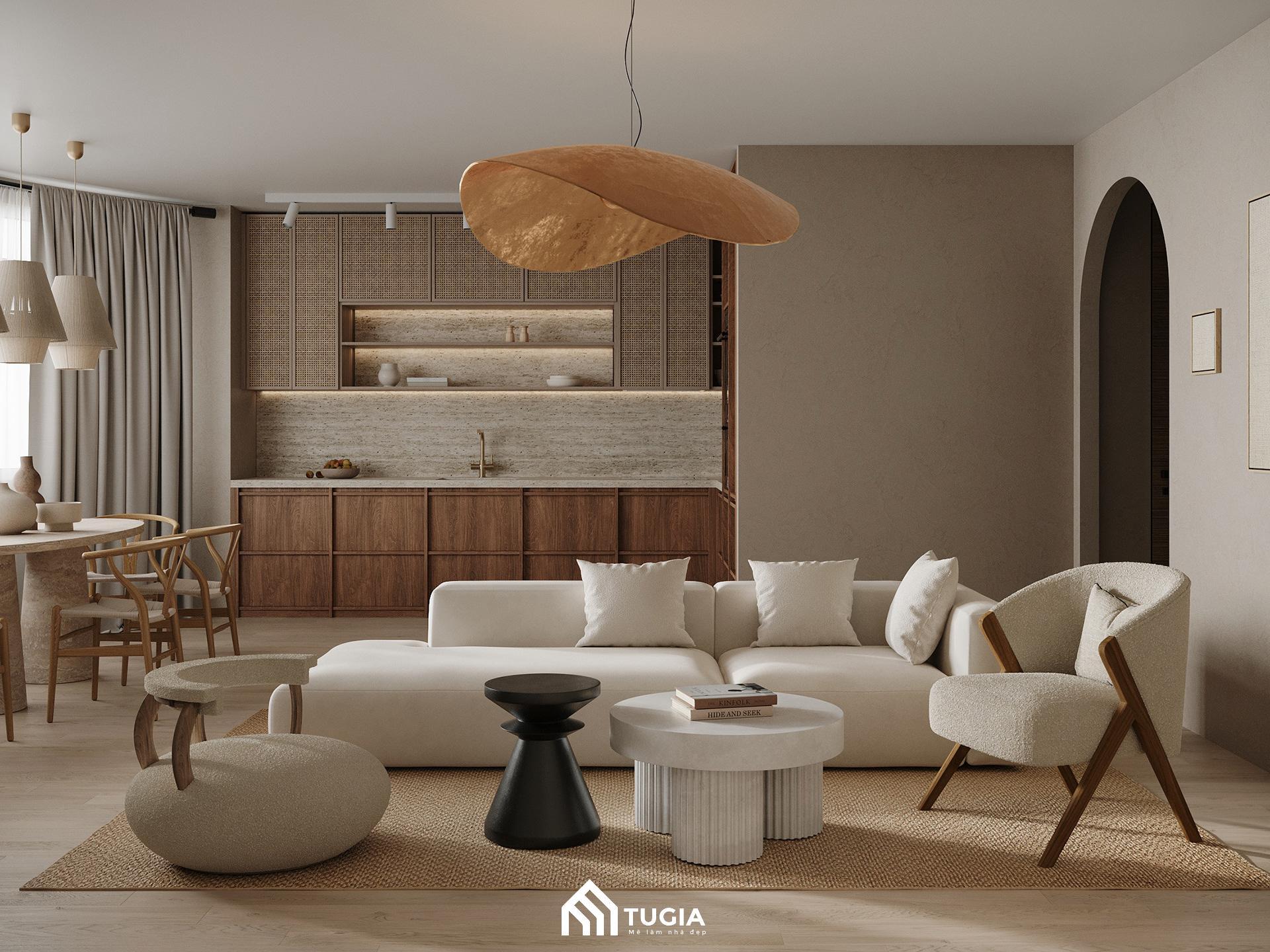 Mẫu thiết kế nội thất chung cư 70m2 phong cách Japandi phù hợp với cô nàng thích sự nhẹ nhàng