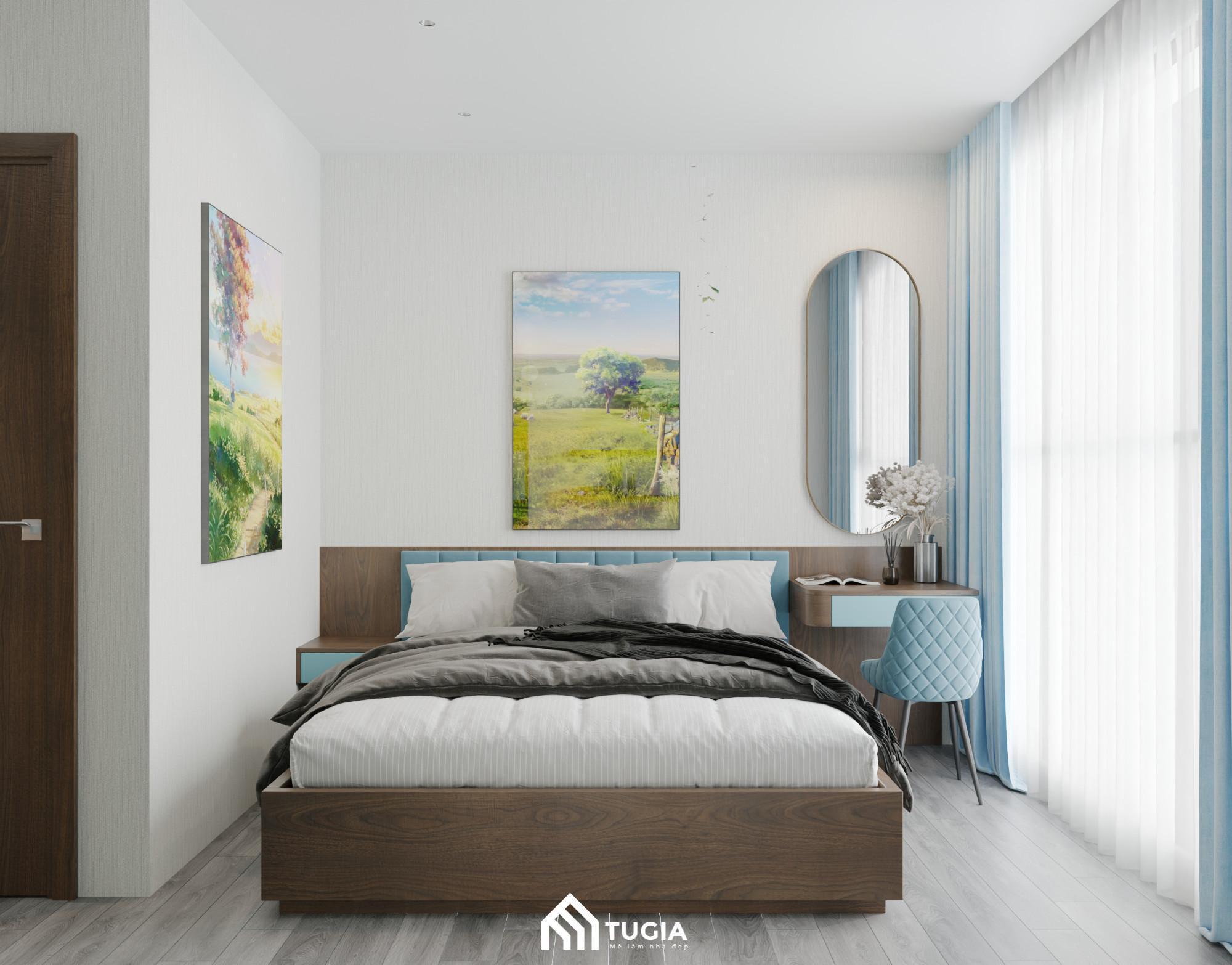 Dải màu xanh dương pastel vẫn xuất hiện xuyên suốt từ phòng khách đến phòng ngủ tăng tính liên kết