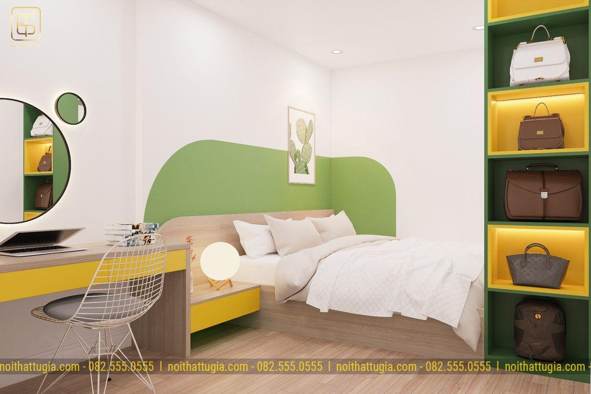 Phòng ngủ trong căn hộ 63m2 được thiết kế nhẹ nhàng với đồ nội thất mềm mại, nhẵn mịn