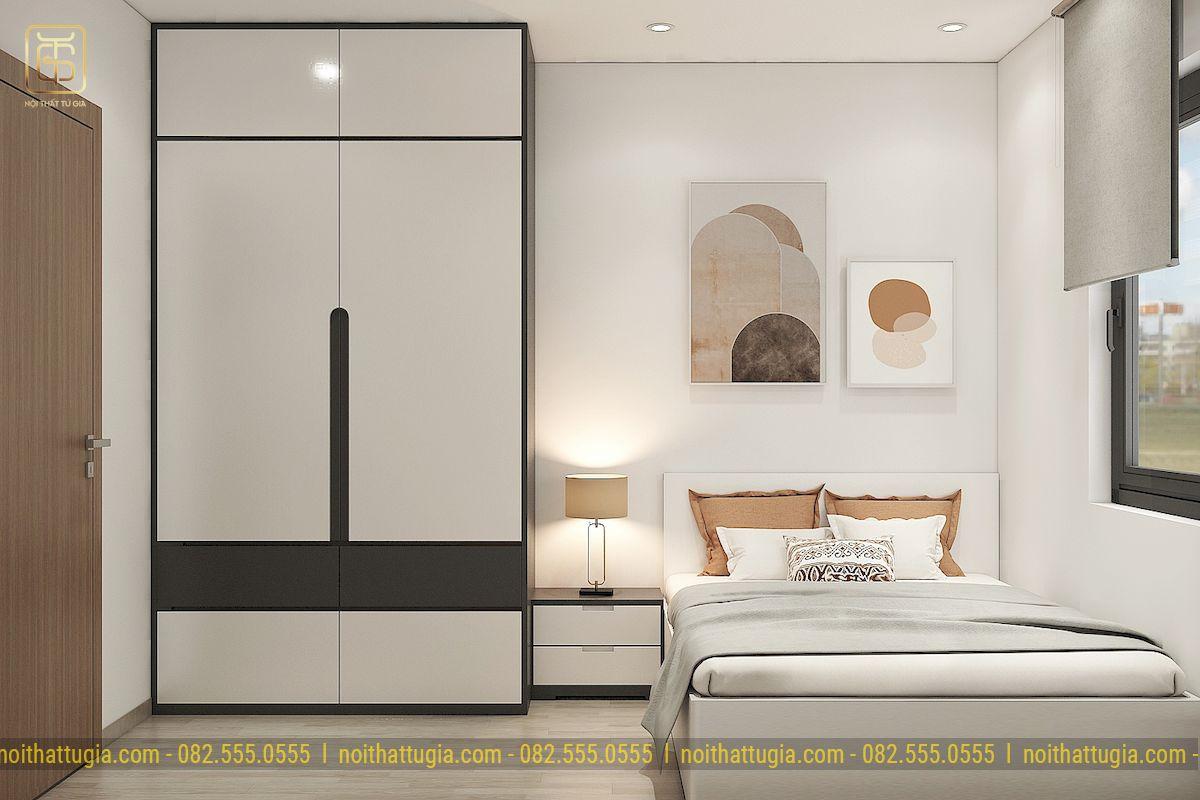 Sử dụng tủ quần áo phủ acrylic kịch trần nhỏ gọn là phương án tối ưu với những không gian bị hạn chế diện tích như căn hộ chung cư 70m2 có 3 phòng ngủ