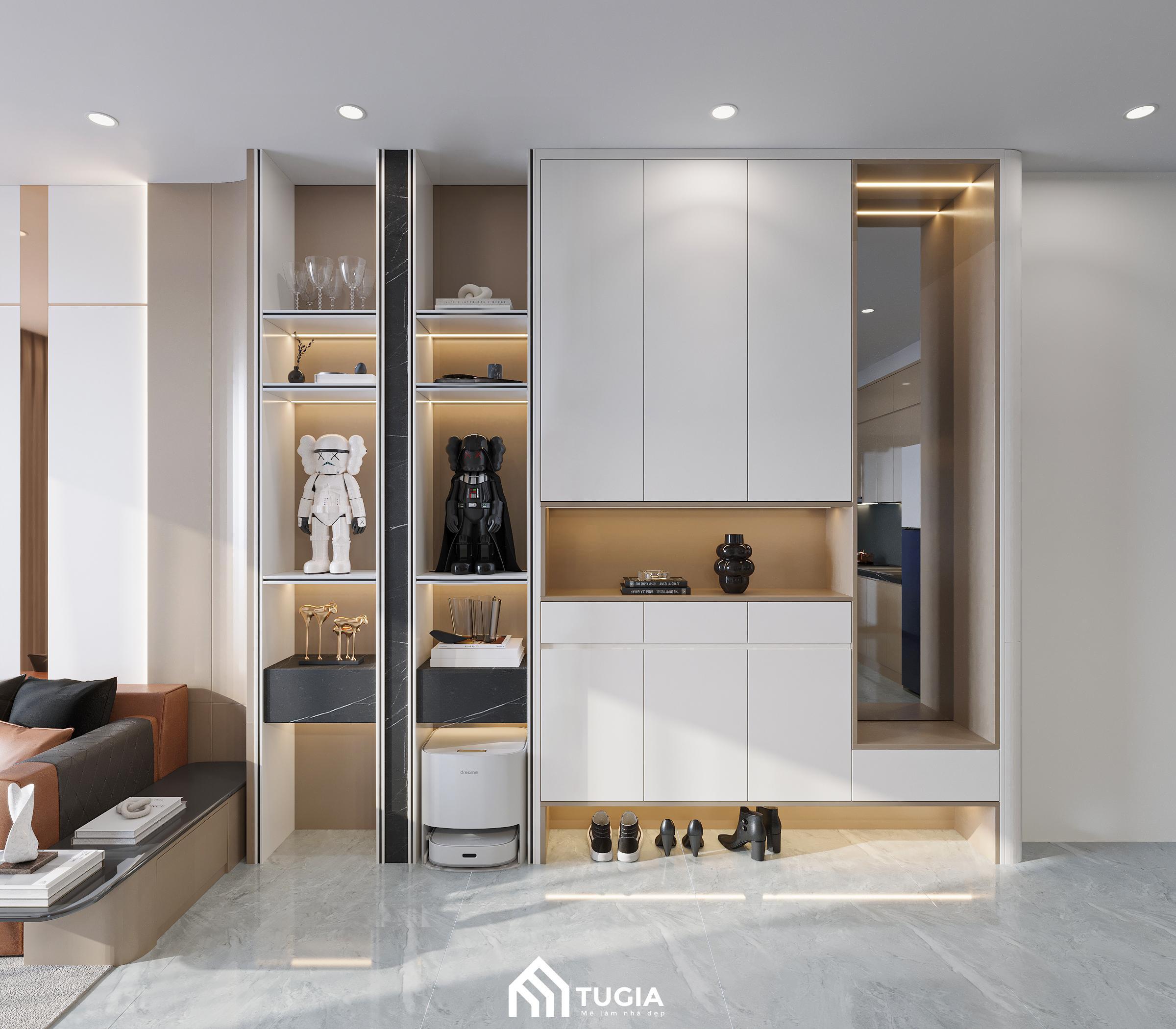 Thiết kế nội thất chung cư 70m2 với tủ để giày hiện đại được bố trí thông minh thuận tiện cho quá trinh sinh hoạt