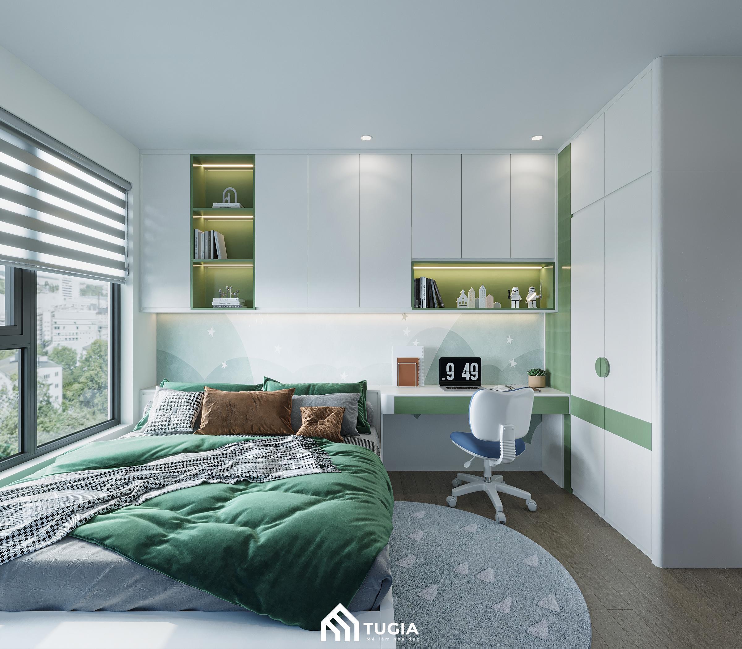 Thiết kế phòng ngủ cho bé với hệ tủ treo tường rất gọn gàng, tối ưu diện tích