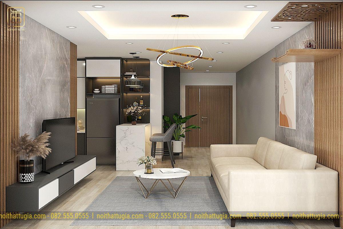 Thiết kế nội thất căn hộ chung cư 80m2 có 2 phòng ngủ sẽ trở nên nổi bật hơn với bộ sofa màu trắng sang trọng