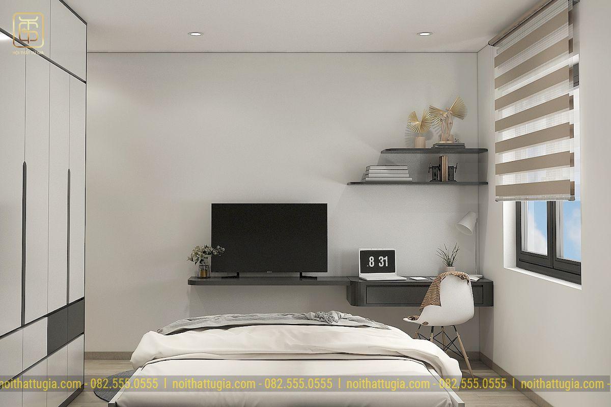 Phòng ngủ cho bố mẹ được bố trí thêm tivi vừa tăng sự tiện nghi, vừa giúp bạn thoải mái xem phim, thư giãn