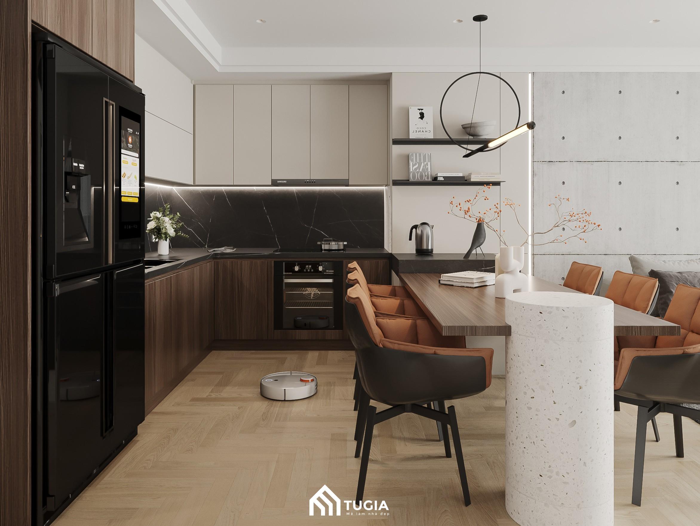 Tủ bếp chữ L tận dụng tối đa không gian góc, phân chia khu vực nấu - rửa rõ ràng, mang lại sự tiện lợi cho người sử dụng
