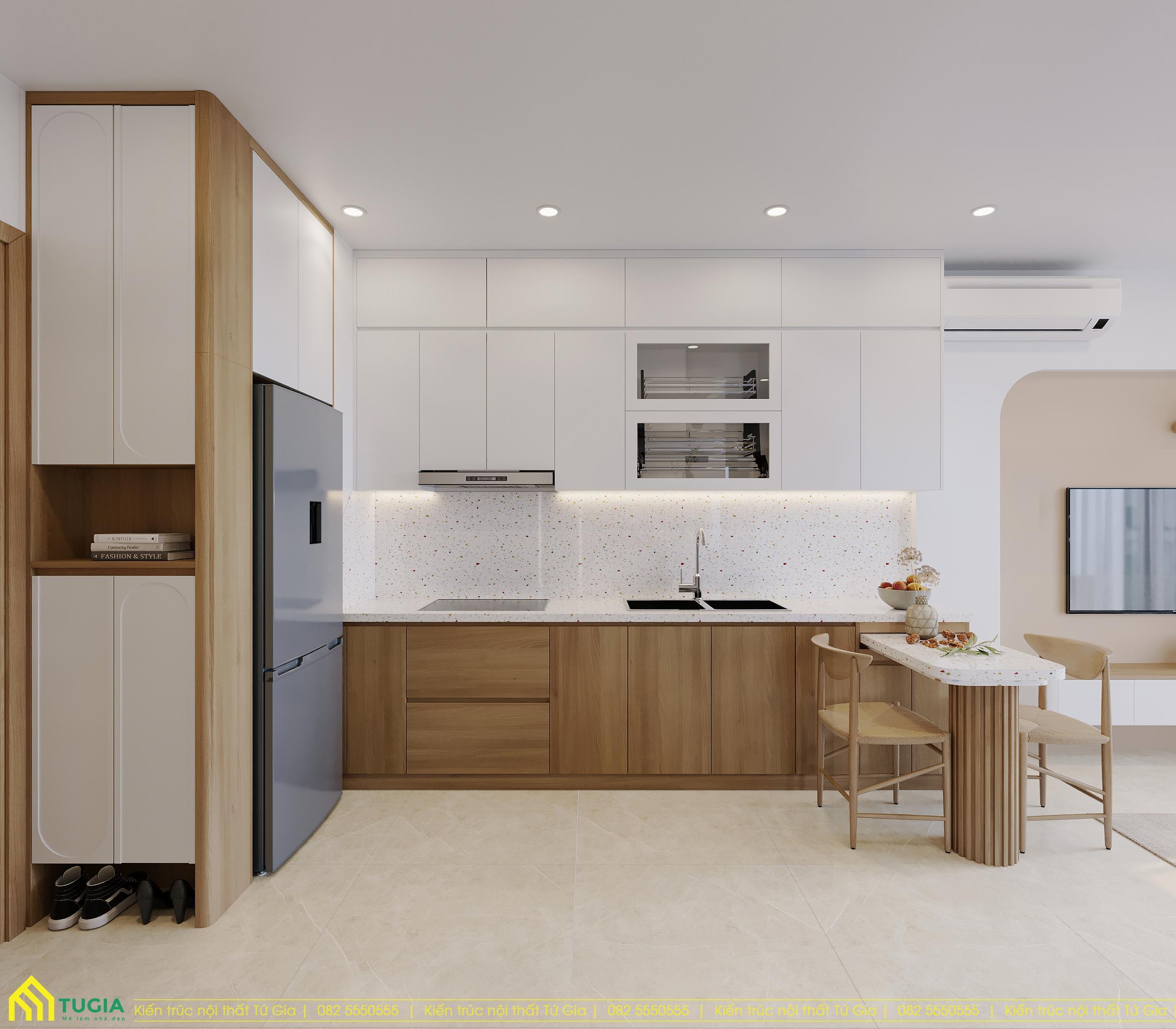 Căn bến hiện đại với hệ tủ bếp gỗ công nghiệp MDF phủ Melamine được thiết kế theo hình chữ L tiện nghi