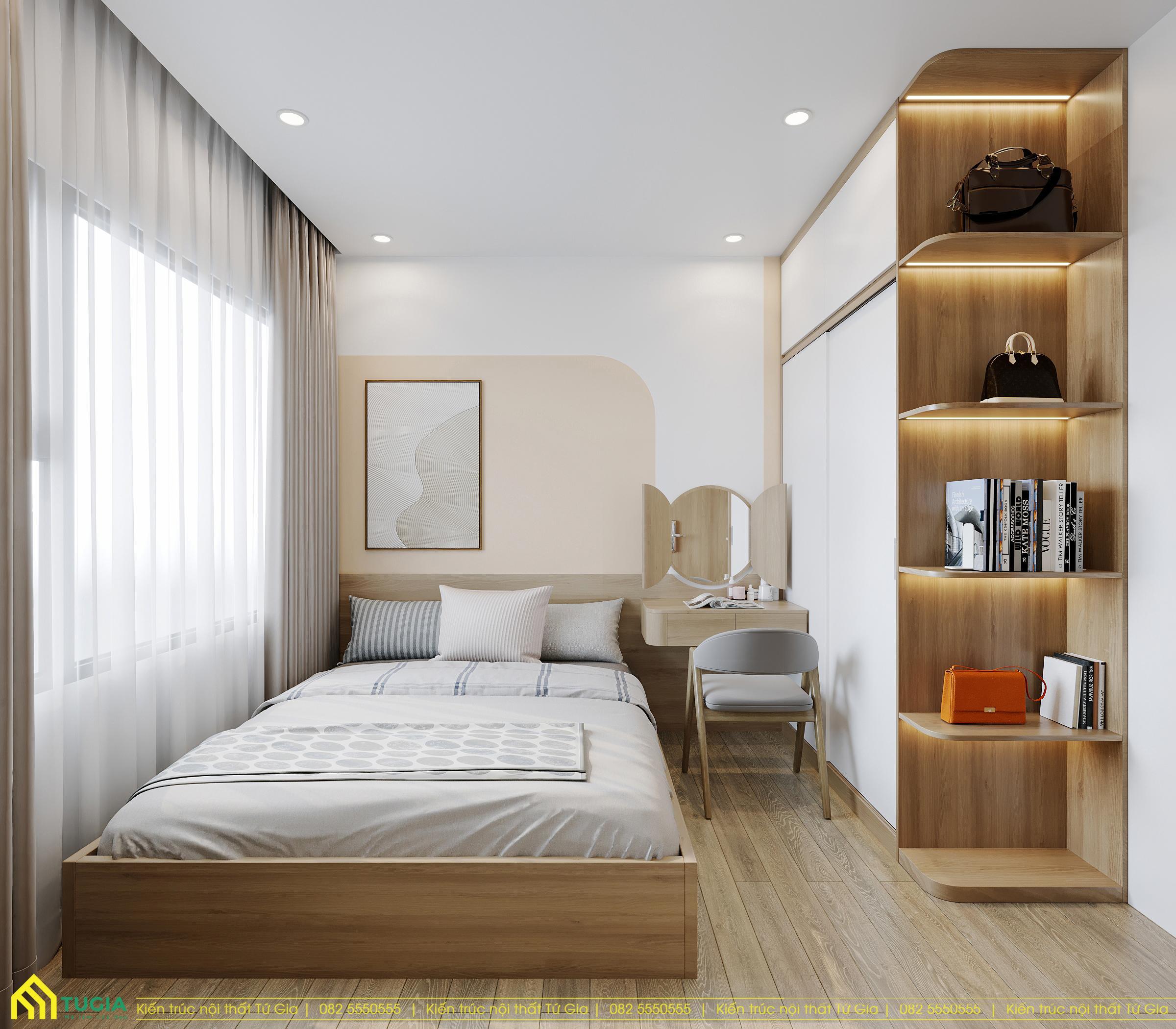 Thiết kế phòng ngủ cho vợ chồng Anh Chiến trong căn hộ chung cư 80m2 với tông màu trung tính ấm áp