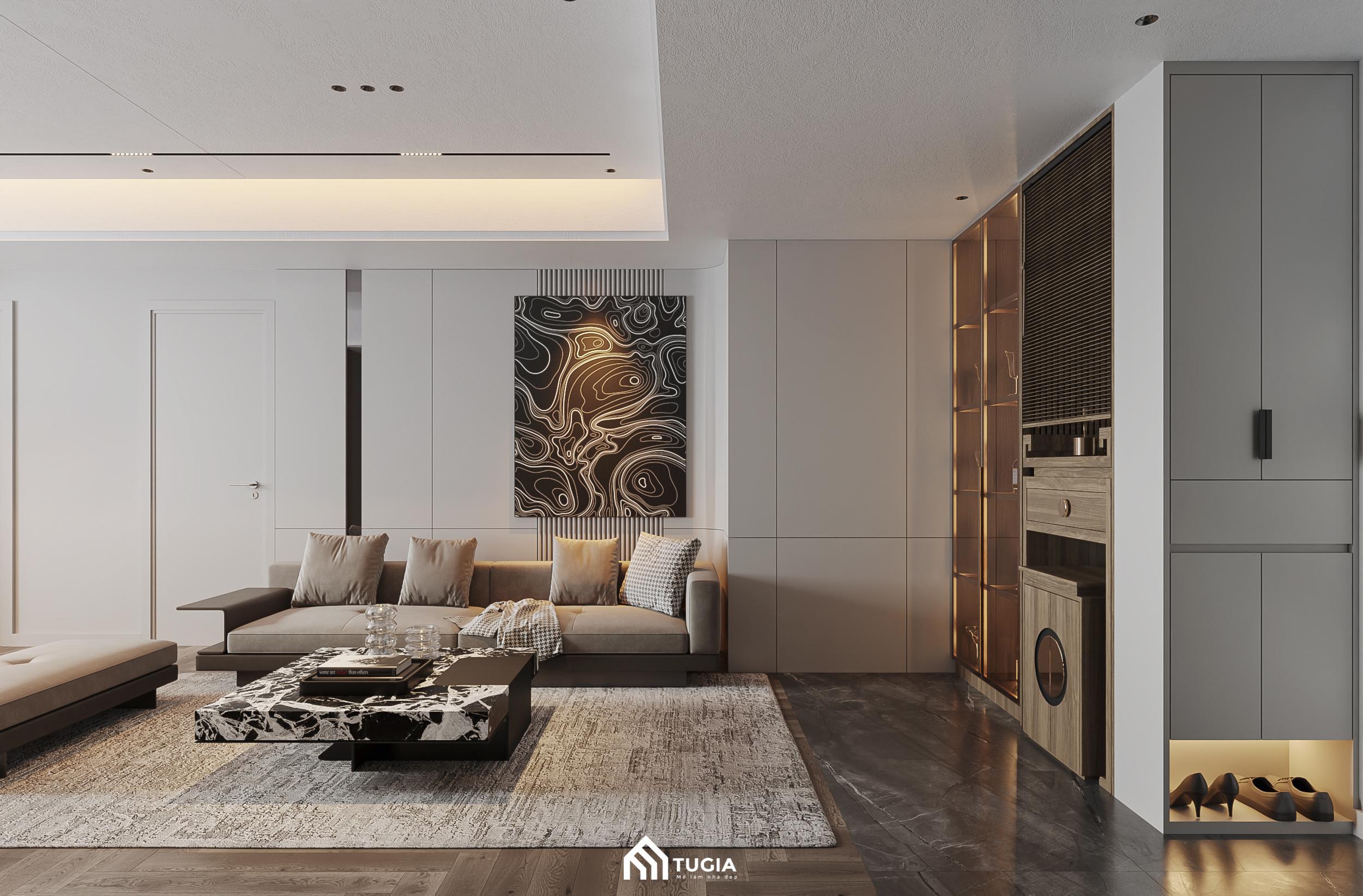 Toàn bộ không gian sinh hoạt của căn hộ được thiết kế mở tạo cảm giác thông thoáng và thoải mái