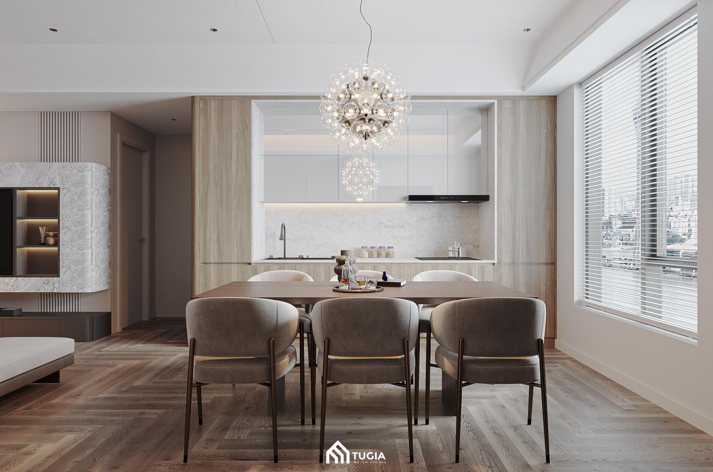 Hệ tủ bếp gỗ công nghiệp MDF phủ melamine được thiết kế theo hình chữ I tiện nghi