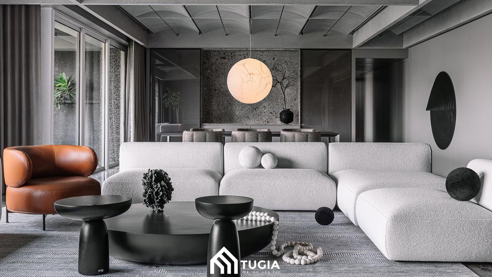 Phòng khách chung cư Lumi Hà Nội sử dụng bộ sofa gam màu trung tính mang vẻ đẹp hiện đại