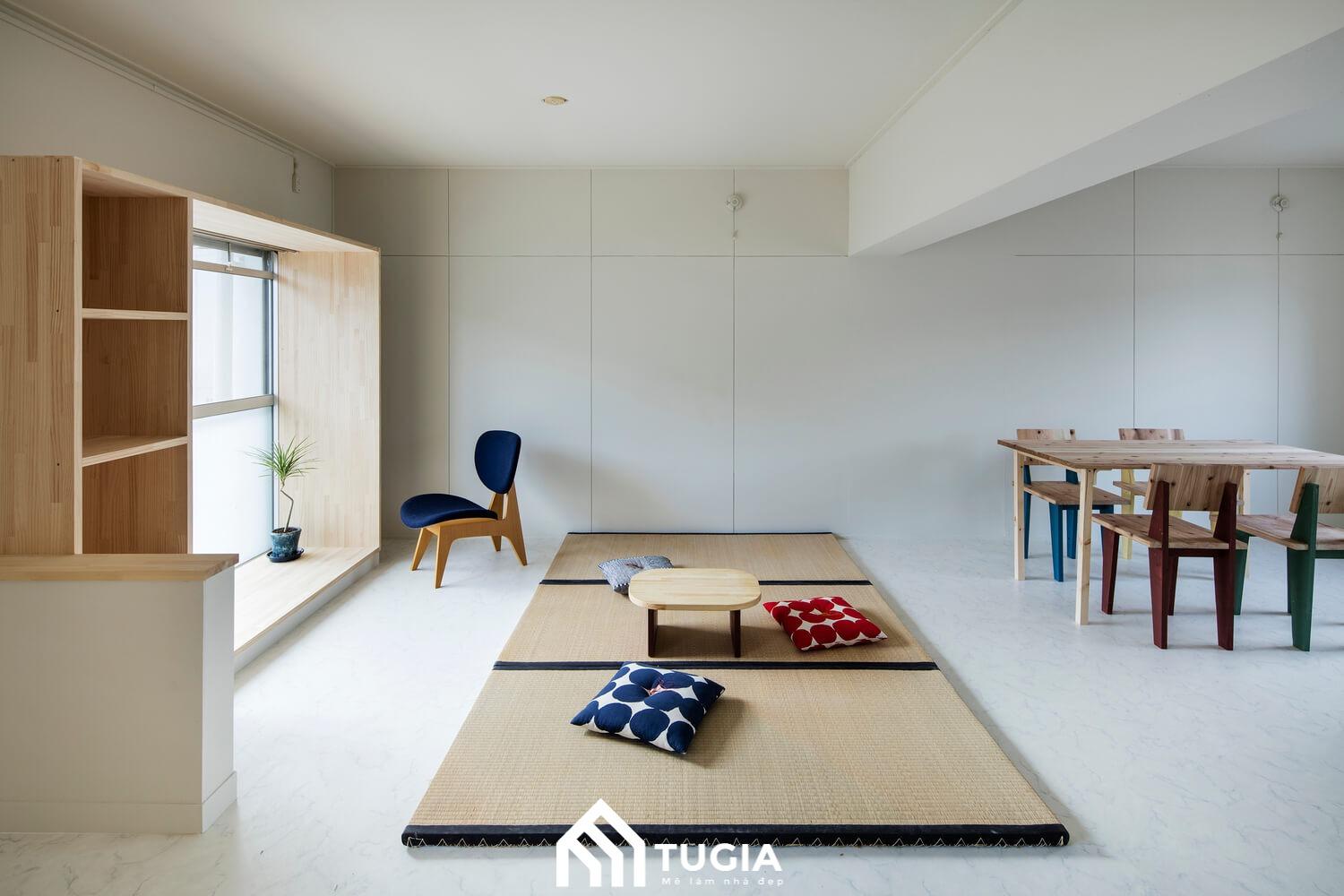 Không gian phòng khách chung cư Lumi Hà Nội mang đậm chất Nhật Bản với chiếu tatami đặc trưng