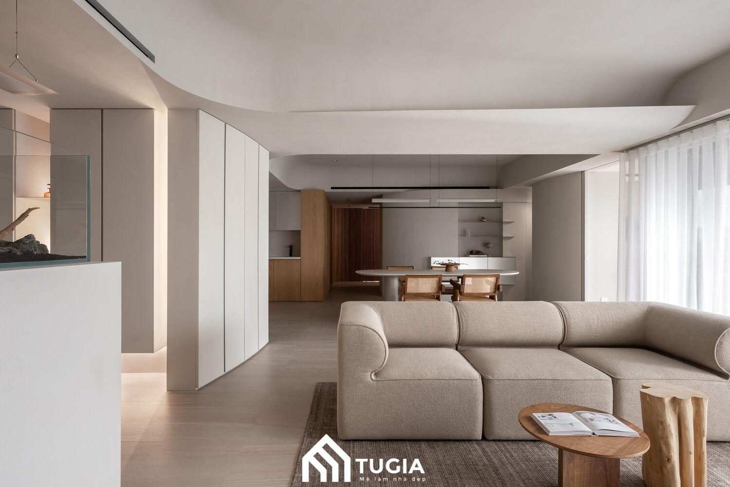Khu vực bếp ăn và phòng khách được bố trí liên thông giúp tối ưu diện tích