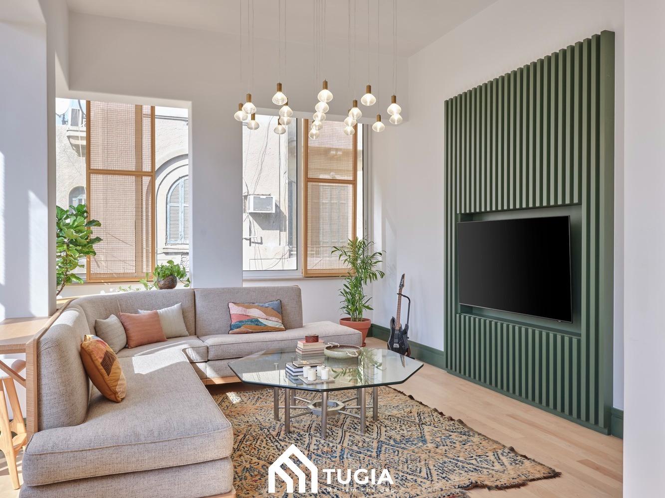 Phòng khách của mẫu thiết kế chung cư Lumi Hà Nội với bộ sofa đơn giản, hài hòa