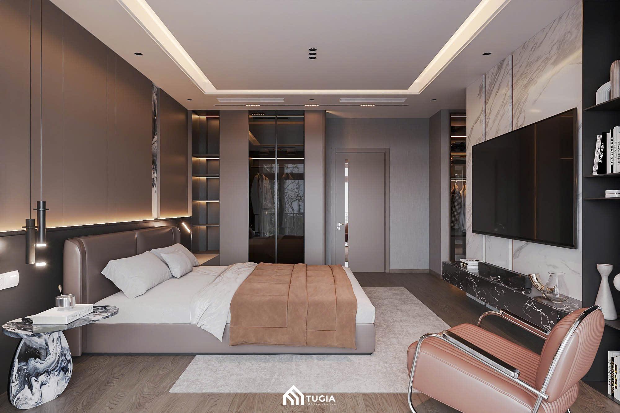 Mẫu thiết kế nội thất chung cư Splendora An Khánh với phòng ngủ Master mang gam màu nhẹ nhàng và thư giãn