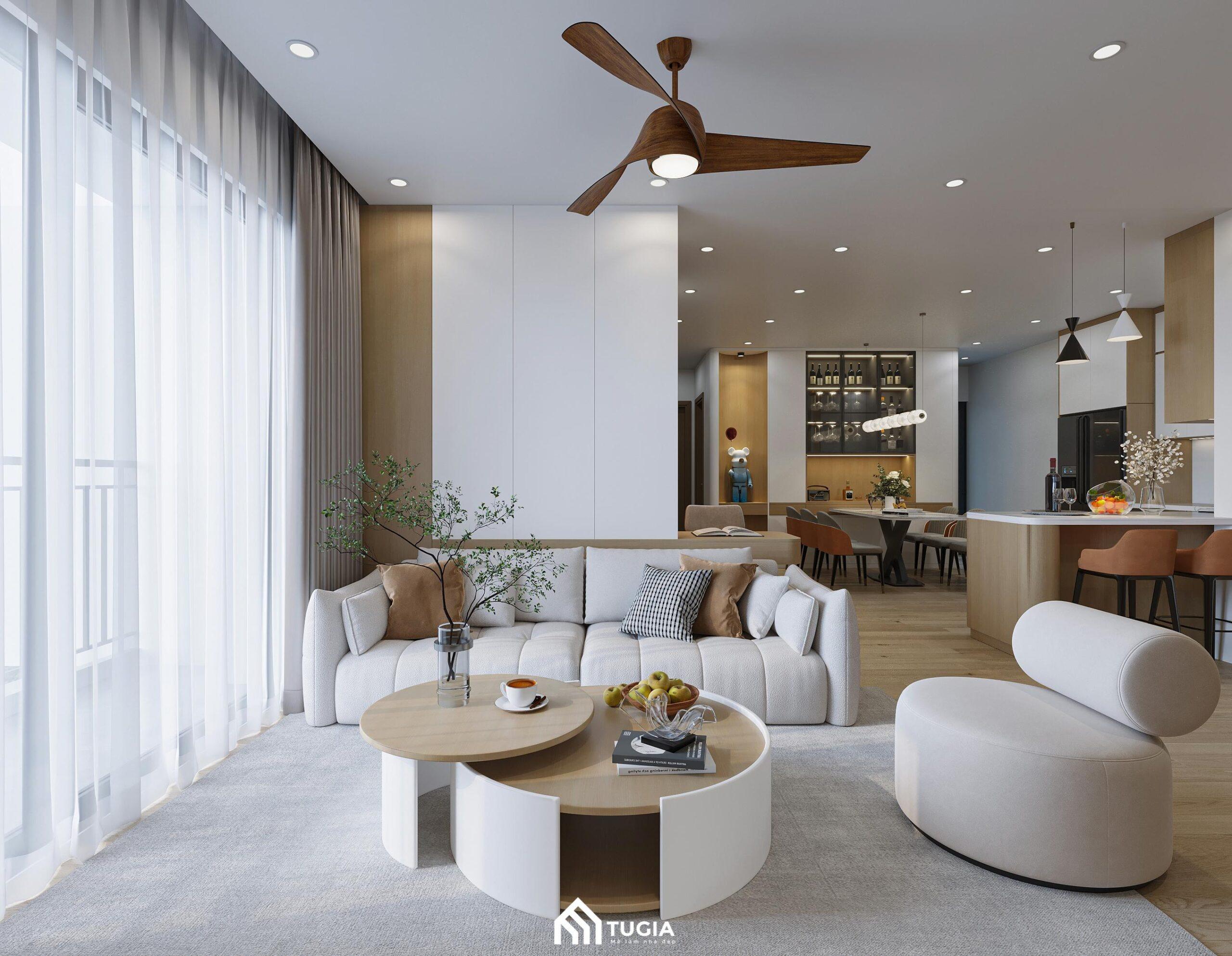 Phòng khách của mẫu thiết kế nội thất chung cư Splendora An Khánh thu hút với gam màu trung tính