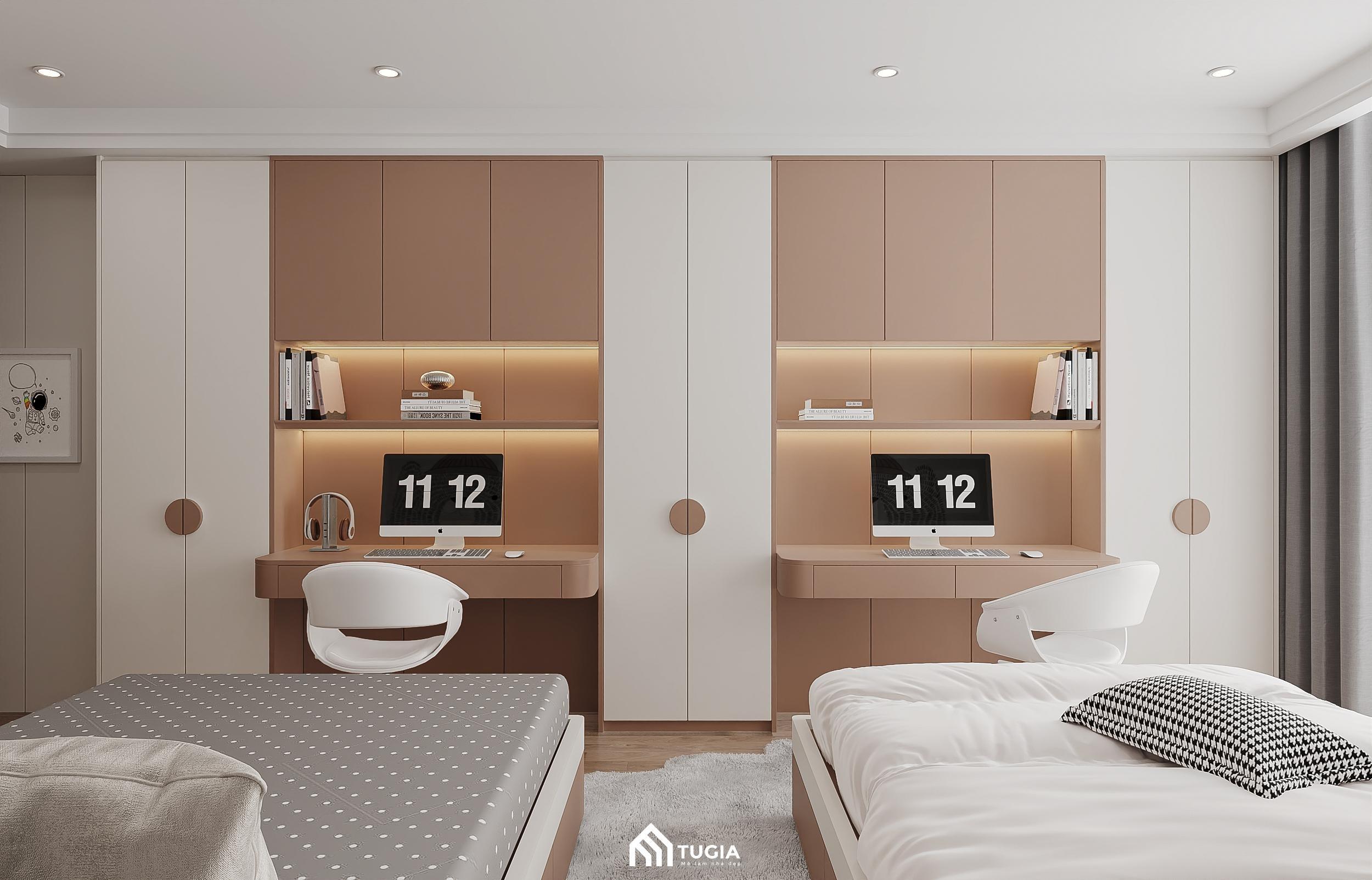 Mẫu thiết kế nội thất phòng ngủ trẻ em chung cư Splendora An Khánh sử dụng màu sắc sinh động, thể hiện sở thích của trẻ