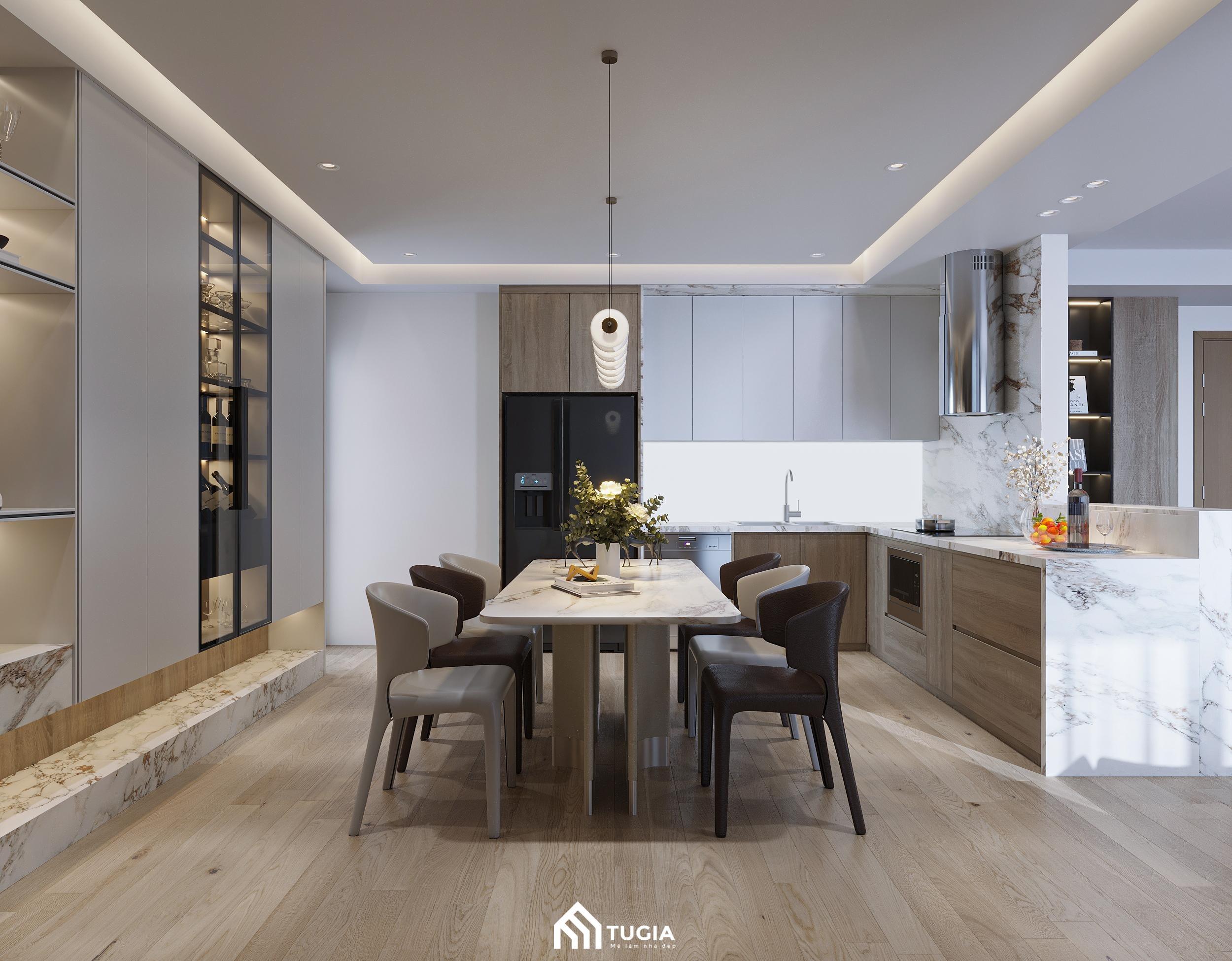 Không gian phòng bếp của thiết kế nội thất chung cư An Khánh được thiết kế mở tạo cảm giác thông thoáng