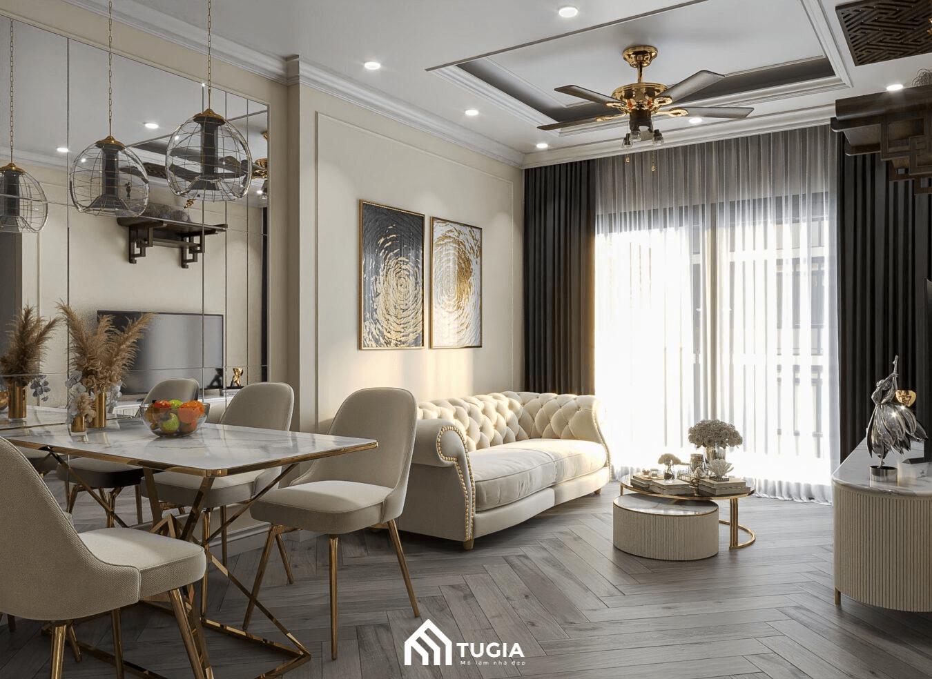 Phòng khách chung cư tân cổ điển nổi bật với sofa nhung, bàn trà chạm khắc tinh tế