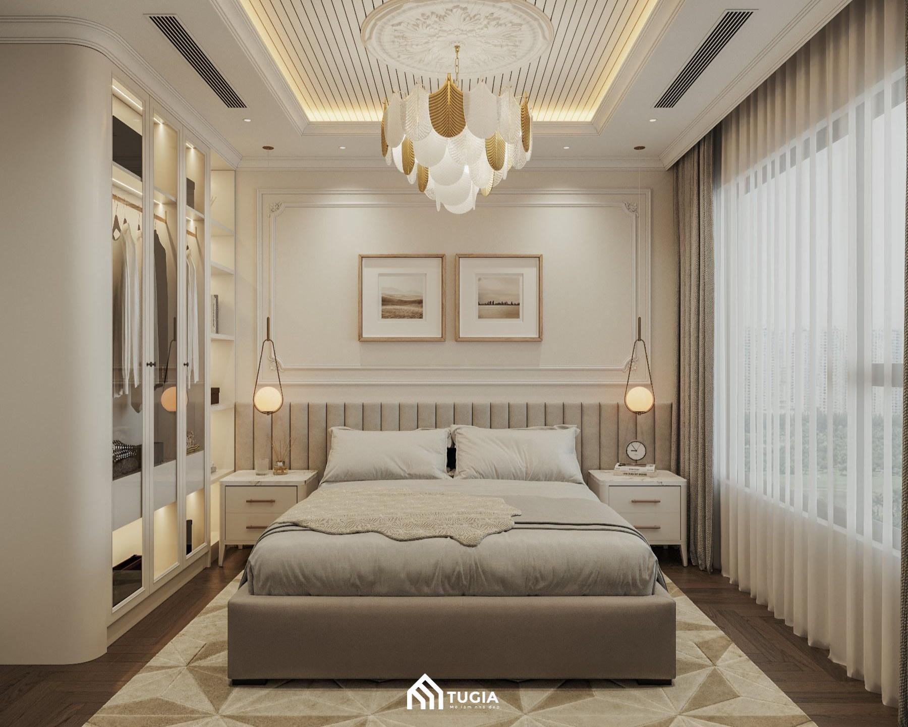 Phòng ngủ tân cổ điển đẹp đẳng cấp với hệ trần giật cấp kết hợp đèn trùm