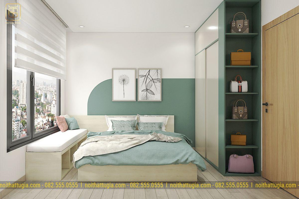 Nội thất phòng ngủ thiết kế đa năng đơn giản, tuy nhiên vẫn tạo được điểm nhấn ấn tượng bởi cách phố màu tương phản độc đáo