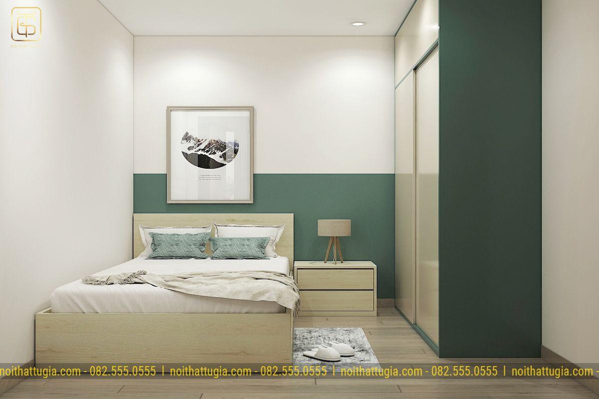 Phòng ngủ nhẹ nhàng với thiết kế tối giản với tone màu xanh pastel - trắng để không gian thoáng hơn