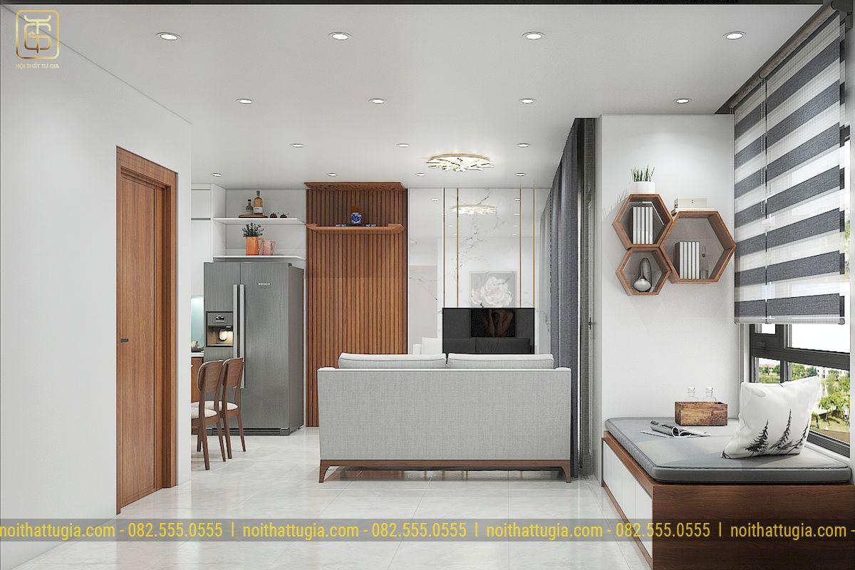 Tổng thể khu vực chung được bố trí gọn gàng, khoa học với tone màu trắng chủ đạo sẽ giúp tối ưu được diện tích