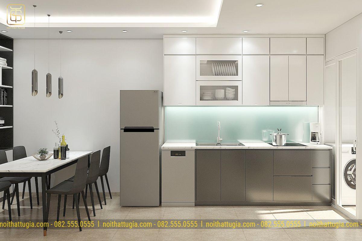 Tủ bếp hình chữ I thiết kế đơn giản đa năng sẽ giúp không gian phòng khách tối giản trở nên gọn gàng, găn nắp hơn