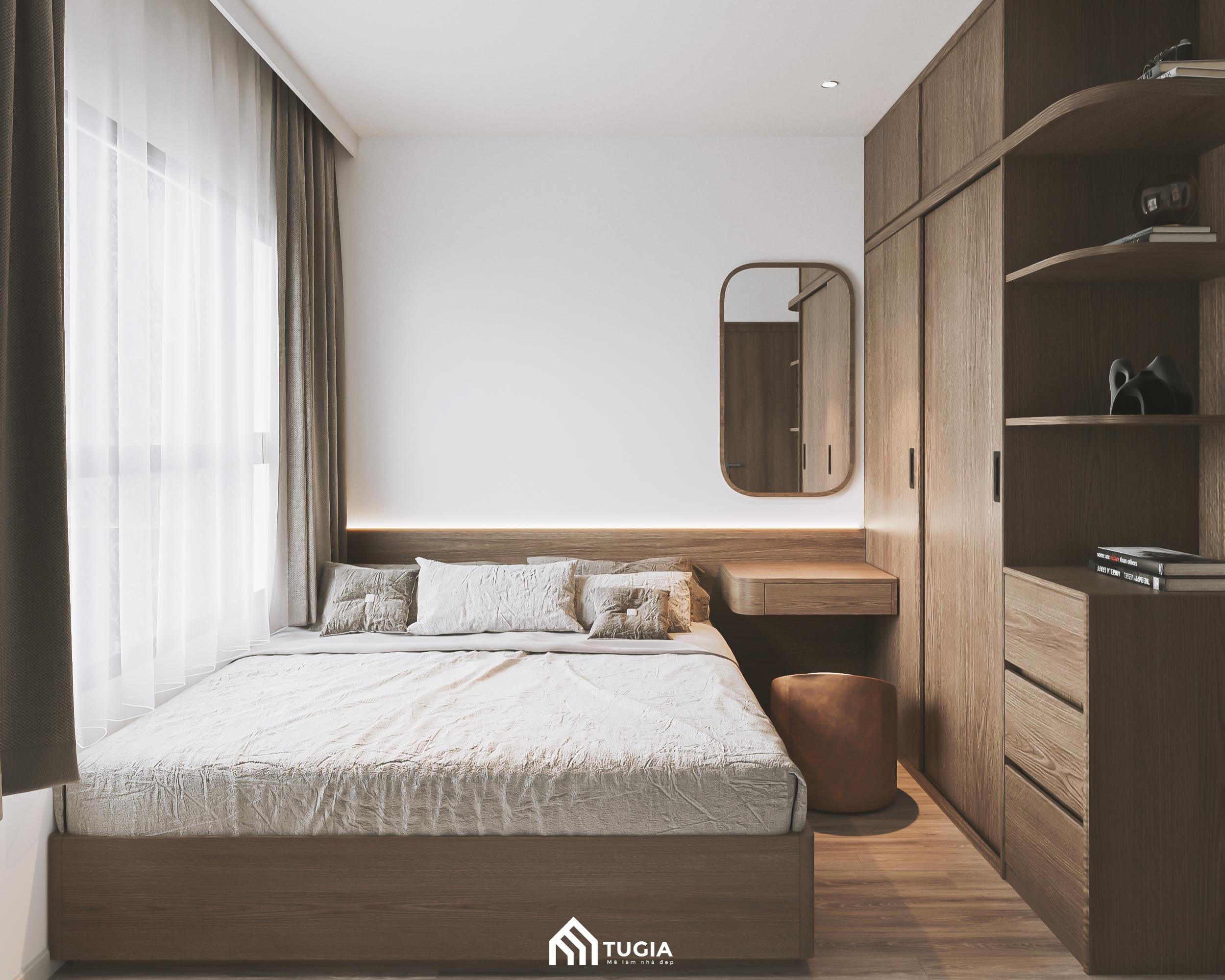 Phòng ngủ với cửa sổ lớn đón ánh sáng ban ngày, đi kèm rèm hai lớp giúp điều tiết ánh sáng linh hoạt