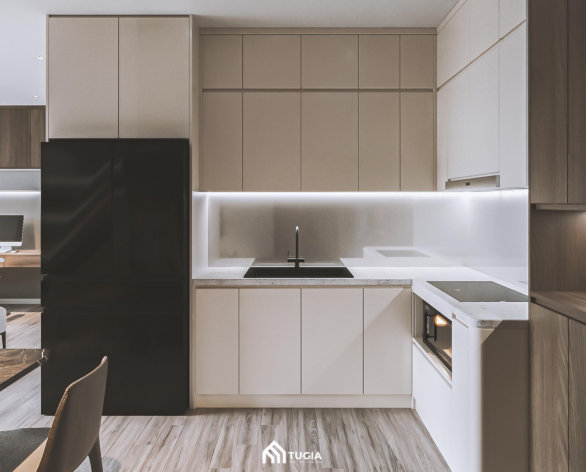 Gian bếp chữ I nhỏ gọn với hệ tủ trên - dưới được thiết kế kịch trần, đảm bảo lưu trữ tối đa