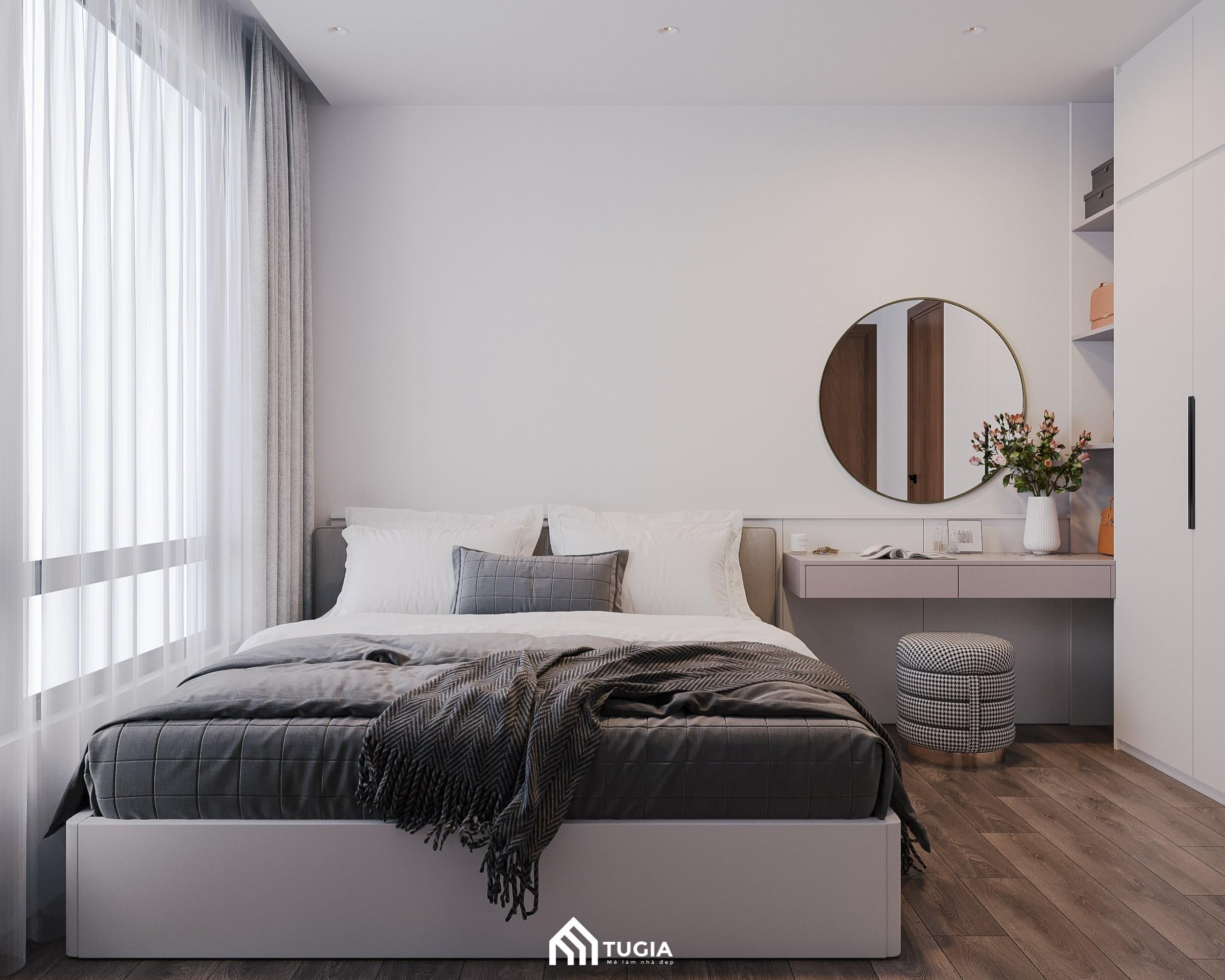 Phòng ngủ master được thiết kế nhẹ nhàng với tone trắng - xám cùng giường ngủ đơn giản kết hợp hệ tủ âm tường và bàn làm việc nhỏ cạnh cửa sổ