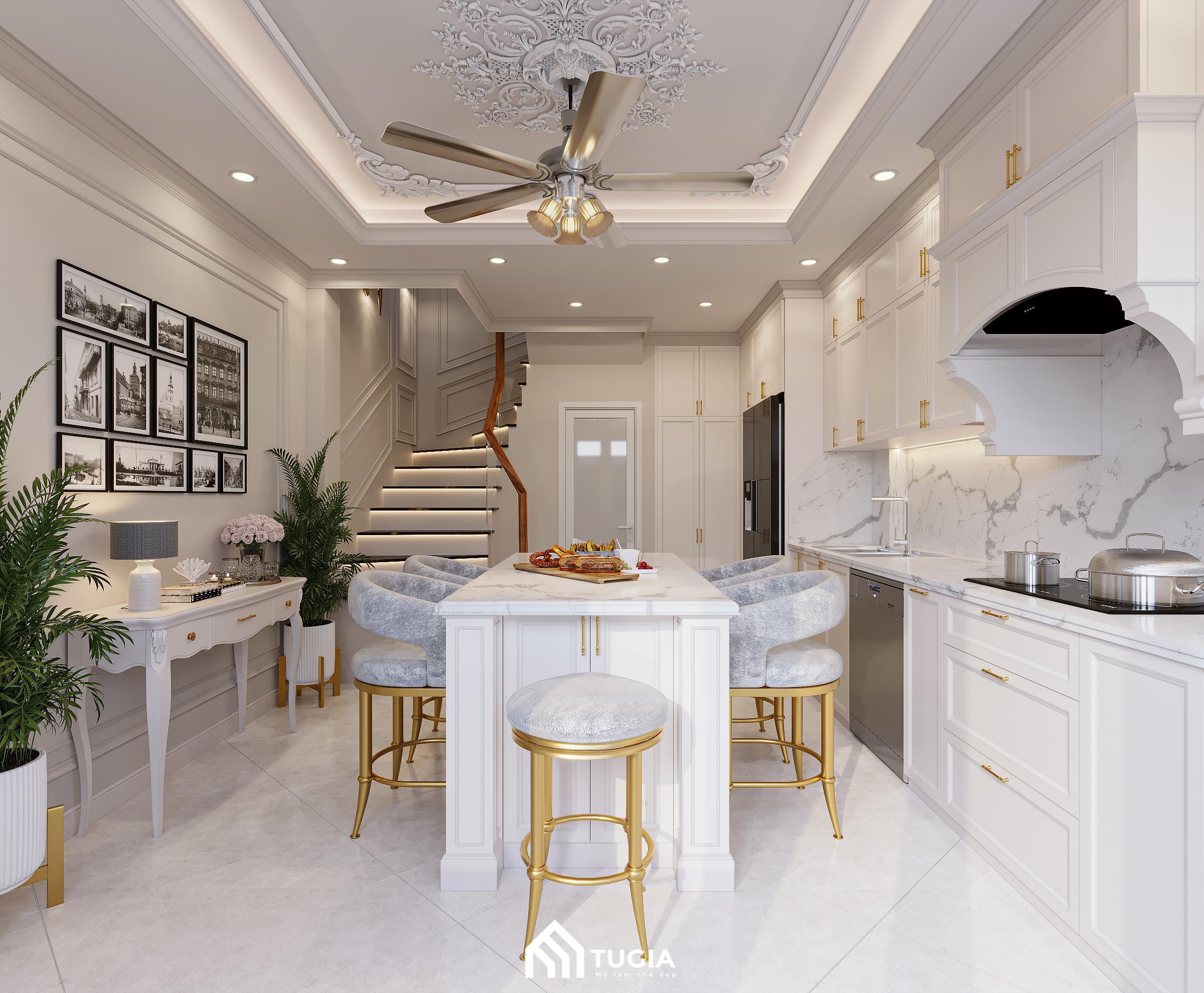 Gian bếp rộng thoáng với tone màu trắng sáng pha đường kẻ màu đen nổi bật là đặc trưng nổi bật của phong cách tân cổ điển