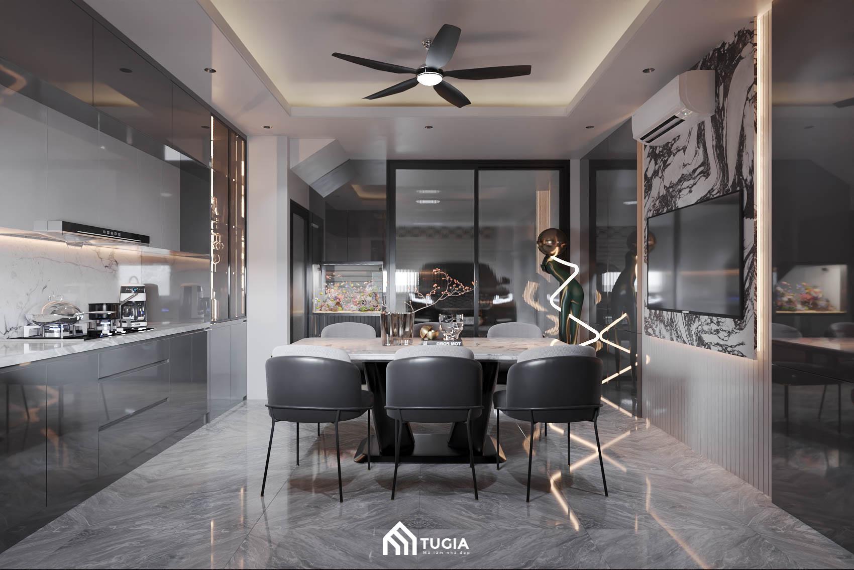 Bếp và bàn ăn được Nội thất Tứ Gia thiết kế với tone màu xám - trắng đặc trưng của phong cách hiện đại