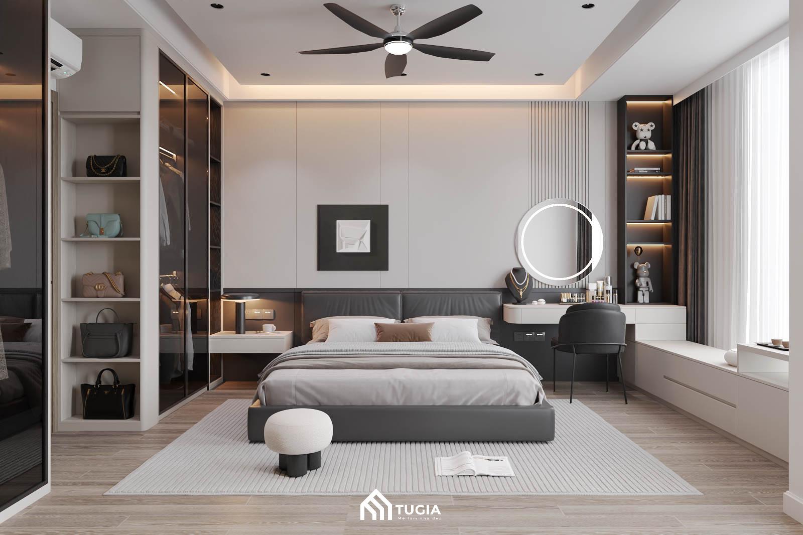 Thiết kế phòng ngủ nhà ống rộng rãi theo phong cách hiện đại với các chất liệu cao cấp phổ biến như nhung, lam gỗ, gỗ MDF,..