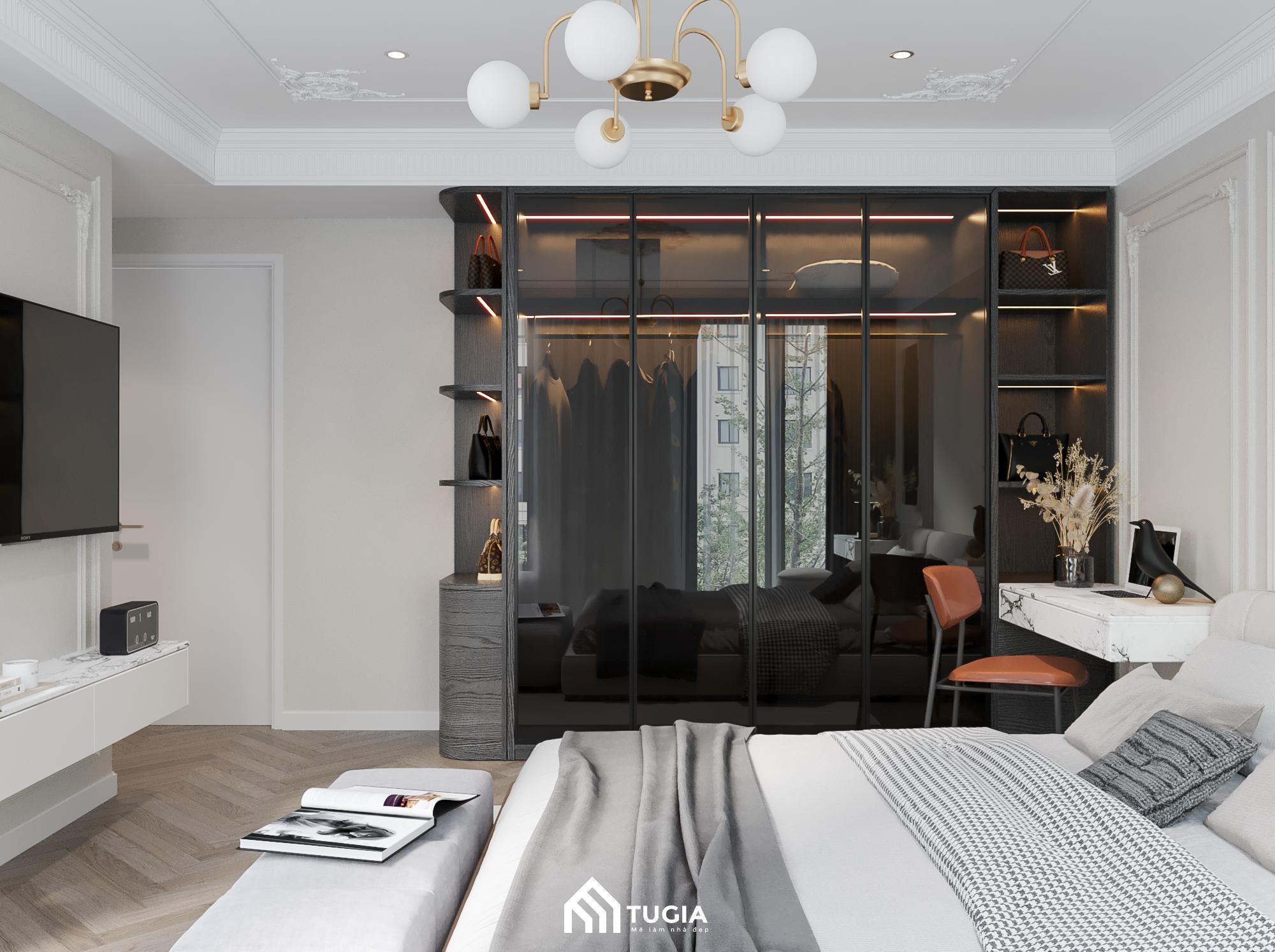 Thiết kế nội thất phòng ngủ tân cổ điển sang trọng và thoải mái với tone màu trắng sáng sẽ giúp nổi bật lên vẻ đẹp của không gian