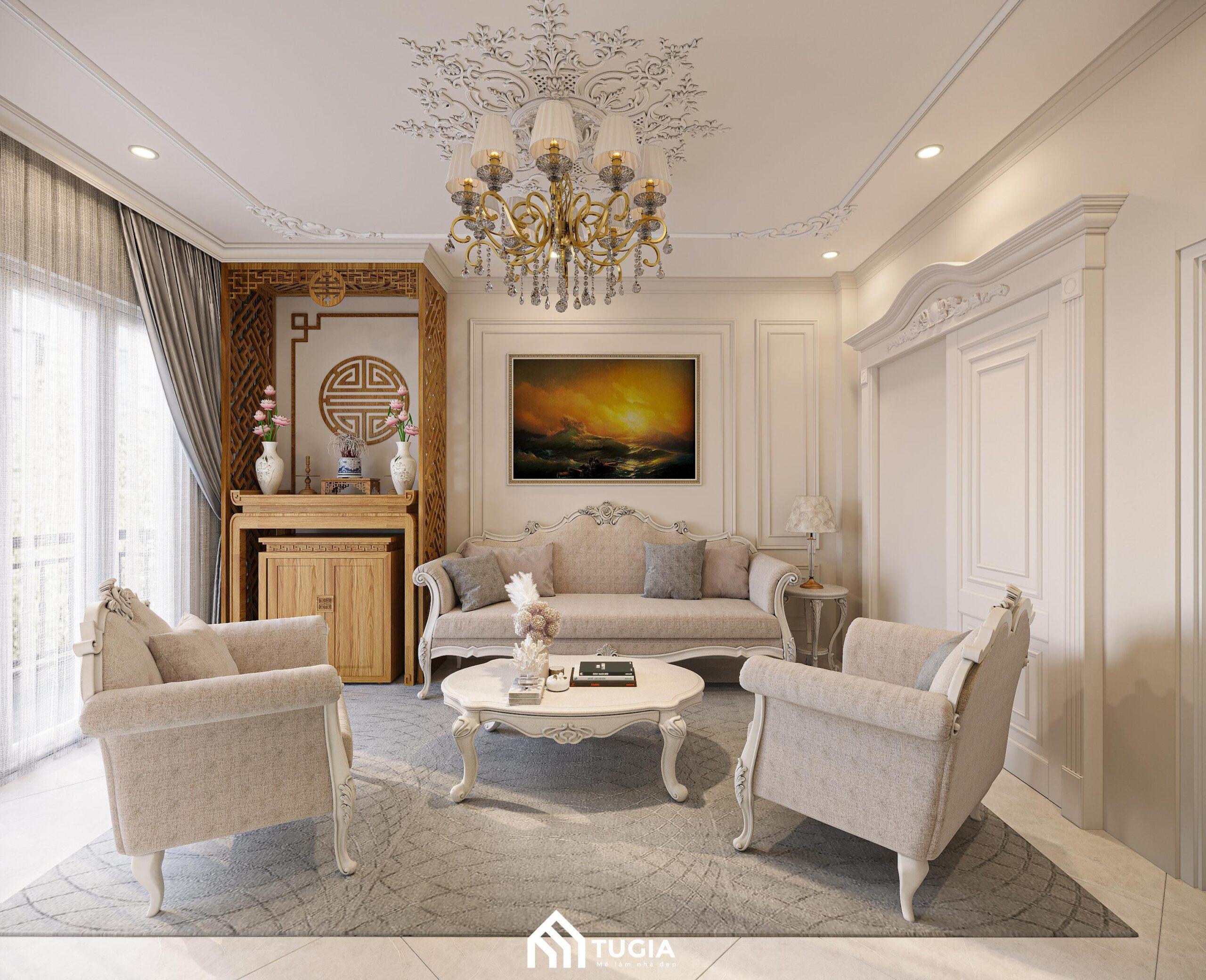 Thiết kế nội thất nhà ống đẹp theo phong cách tân cổ điển nổi bật với bộ sofa sang trọng và bàn trà bằng gỗ tự nhiên