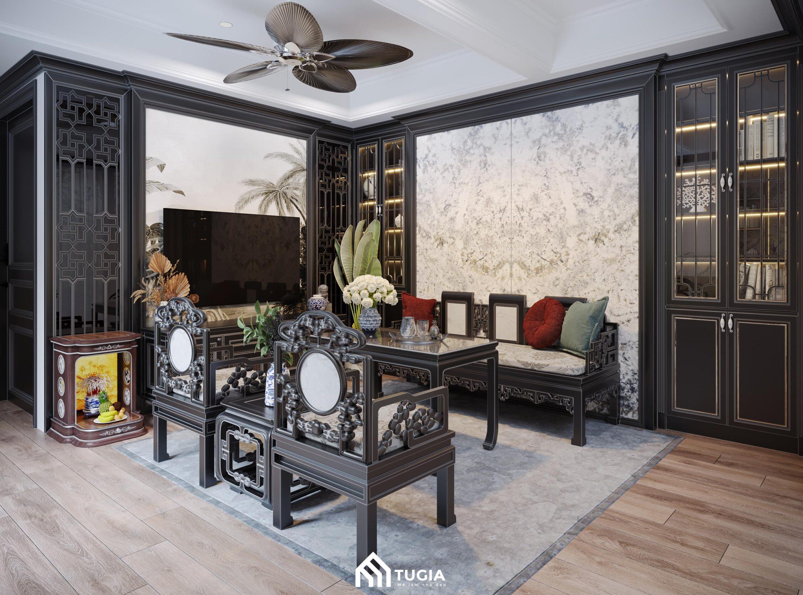 Bộ bàn ghế với các đường nét chạm khắc đậm nét là đặc trưng thường thấy trong phong cách Indochine