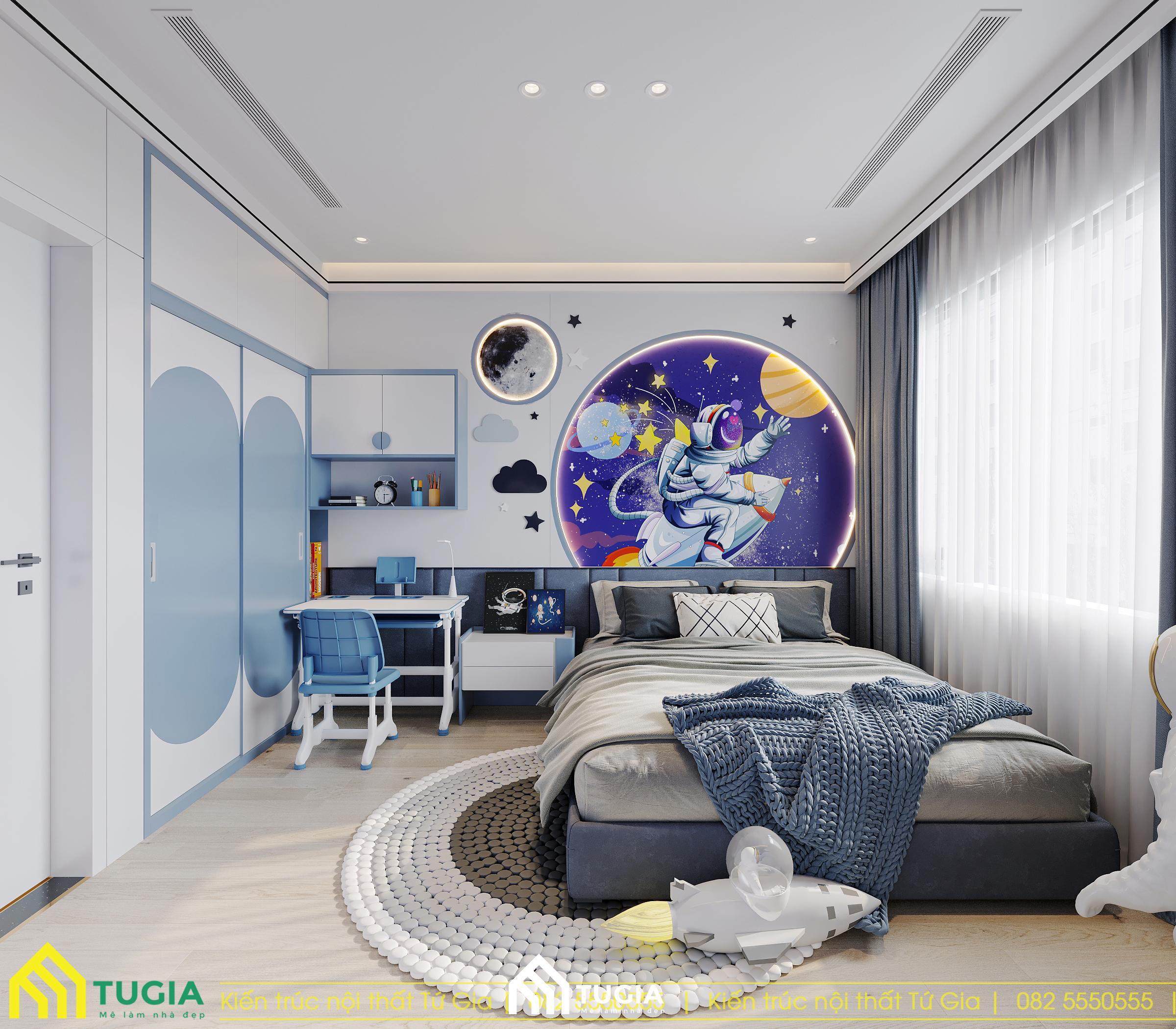 Thiết kế phòng ngủ nhà ống tone màu xanh dương cho bé trai năng động đang là xu hướng được các bé yêu thích trong thời gian gần đây